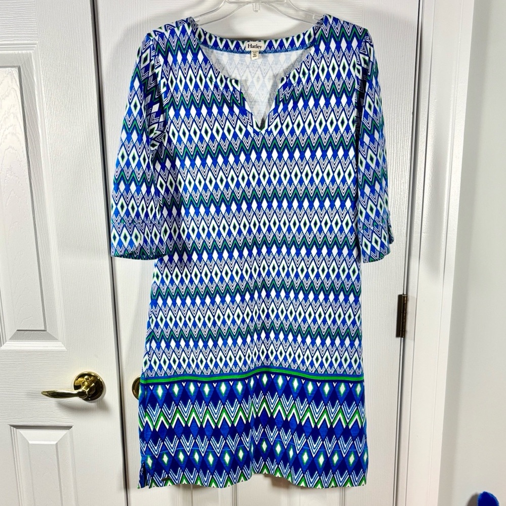 Hatley 3/4 Sleeve Shift Dress Blue Green White Geometric Pattern Medium